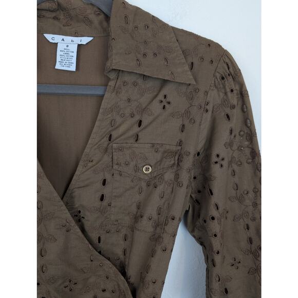 CAbi Midi Dress Floral Eyelet Faux Wrap Shirt Retro Rockabilly Brown Size 8 - Picture 3 of 11